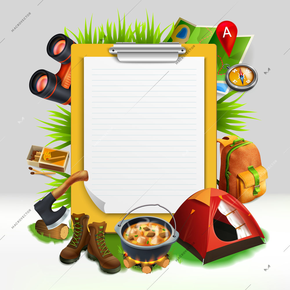 Camping realistic note pad composition with plate with lined paper and equipment around vector illustration