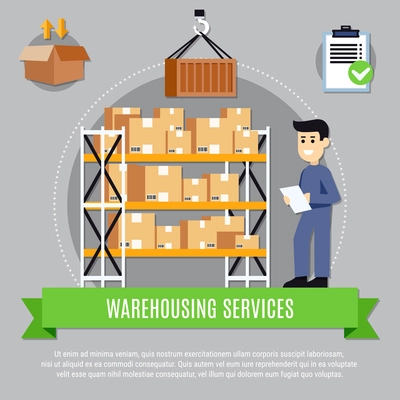 Warehouse services composition with worker during inventory process near shelves with boxes on grey background vector illustration