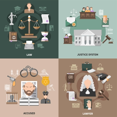 Law design concept with round compositions of flat crime and justice related icons with human characters vector illustration