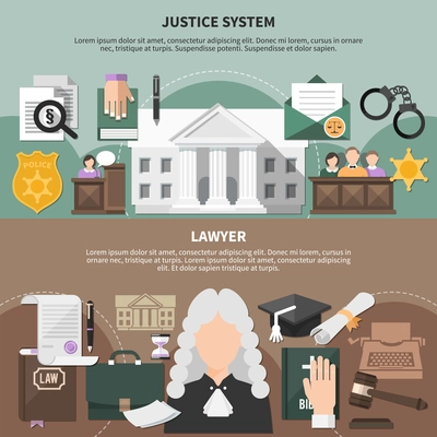 Set of two horizontal law banners with editable text and compositions of flat justice related images vector illustration