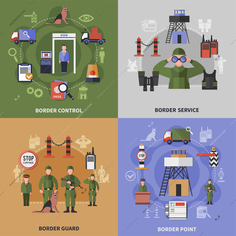Border control point service and guard apparel 2x2 icons set isolated on colorful backgrounds flat vector illustration