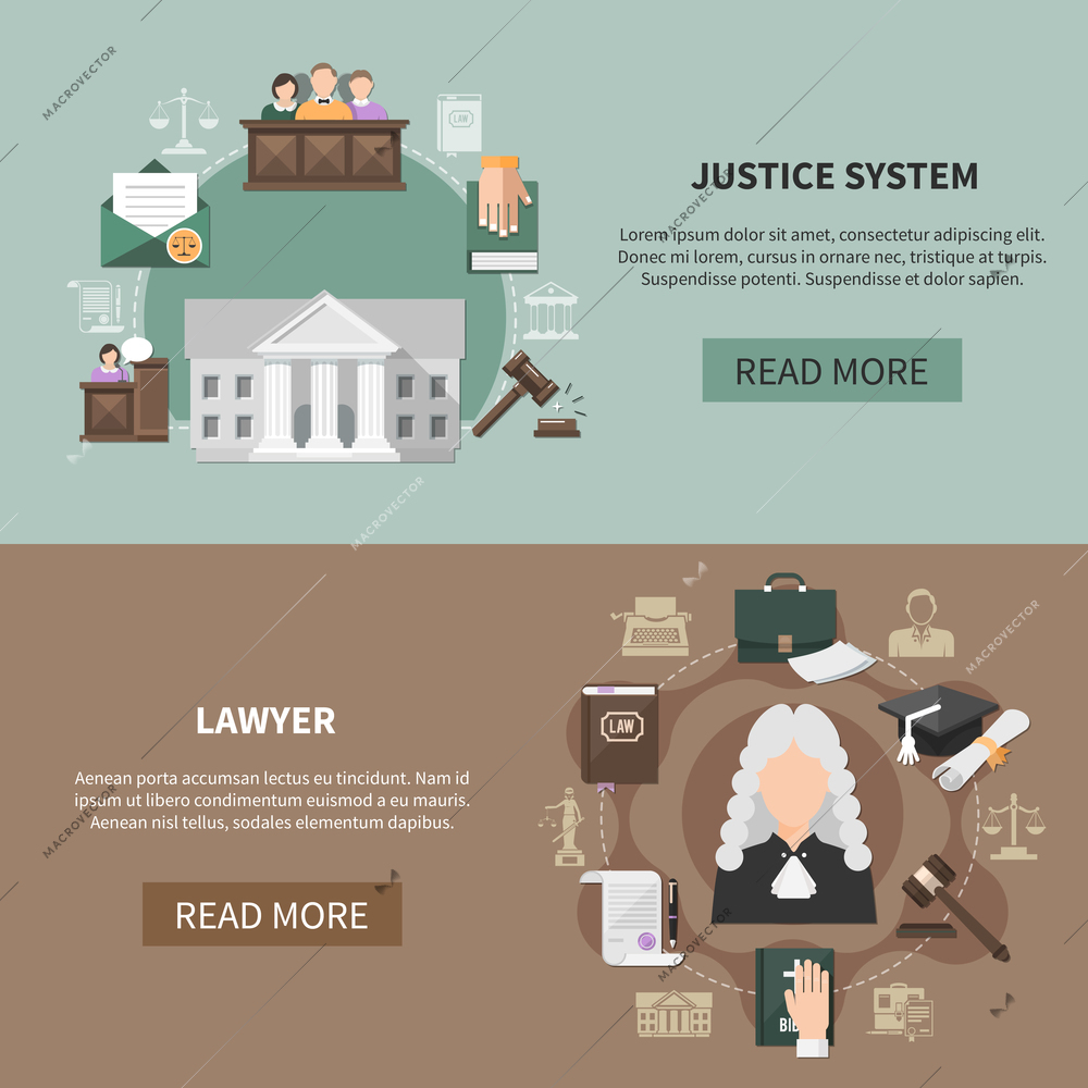 Two horizontal law banners with images of judicial items court house text and read more button vector illustration