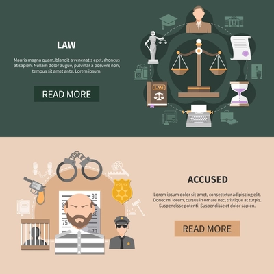 Set of two horizontal law banners with crime and punishment images text and read more button vector illustration