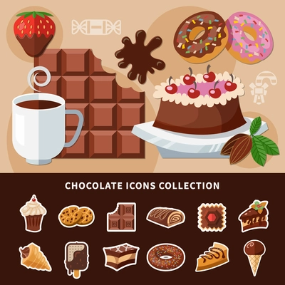 Chocolate products collection of flat icons with cake, donuts, ice cream, swiss roll, cookie isolated vector illustration