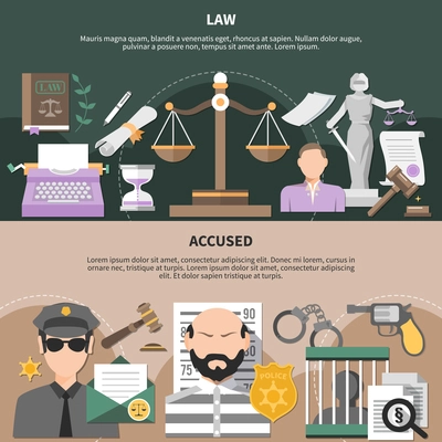 Law horizontal banners set with scales of justice policeman and accused human characters with editable text vector illustration