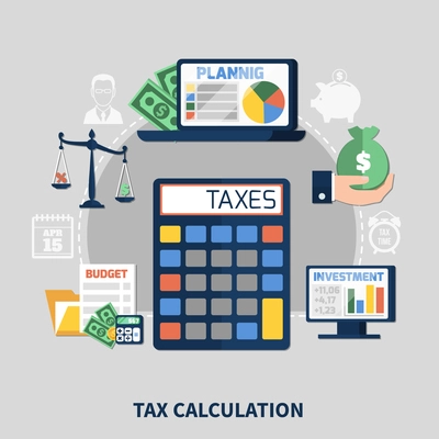 Tax calculation flat composition with budget planning, financial charts on computer screens on grey background vector illustration