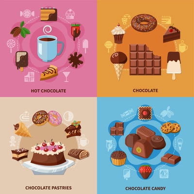 Chocolate flat concept with hot drink from cacao beans, pastry, candy isolated on color background vector illustration