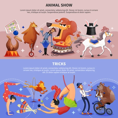 Circus cartoon two banner set horizontal and colored with animal show and tricks headlines vector illustration