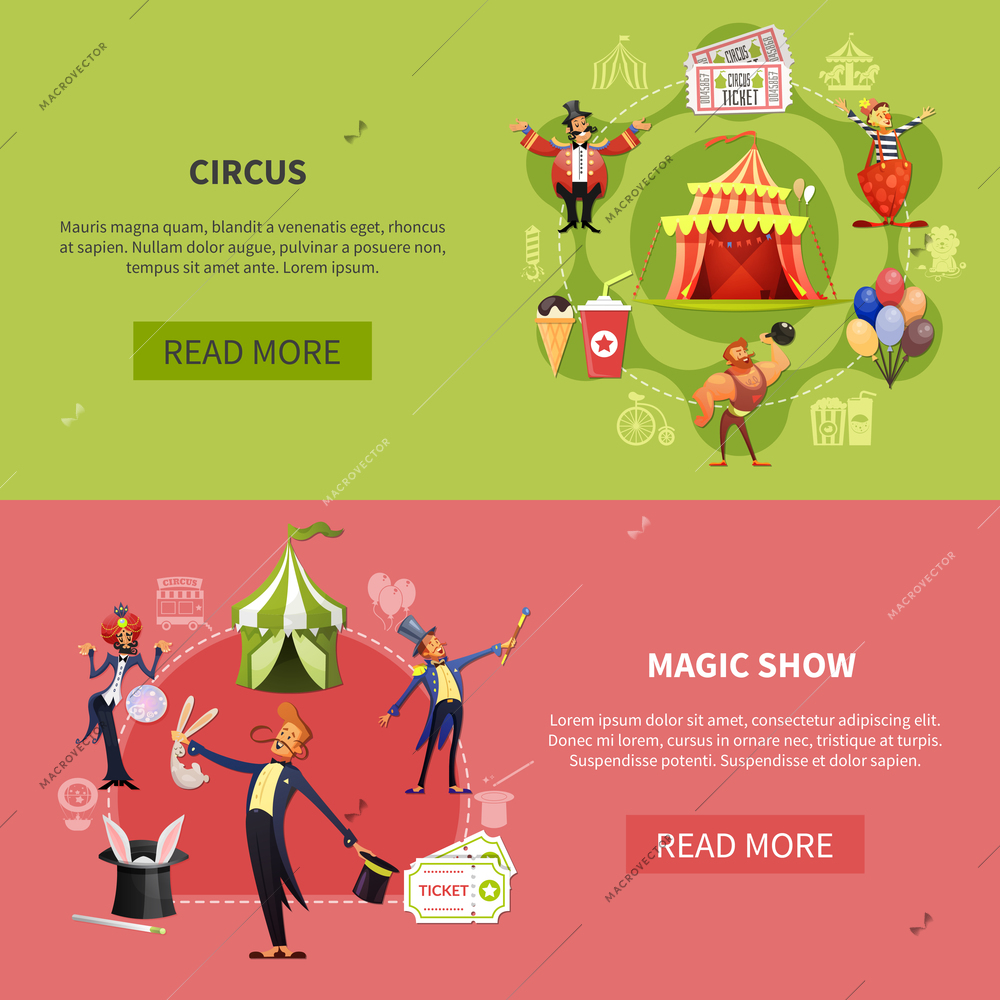 Circus cartoon banner set with circus and magic show headlines and read more buttons vector illustration