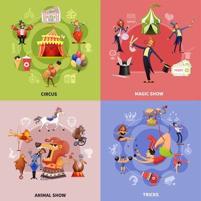 Circus cartoon concept with circus magic show animal show and tricks descriptions vector illustration