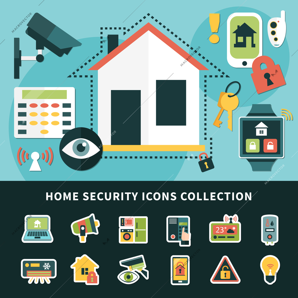 Home security icons collection with surveillance system, climate control, mobile apps smart house isolated vector illustration