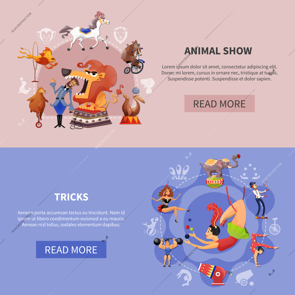 Two horizontal circus cartoon colored banner set with animal show and tricks descriptions vector illustration