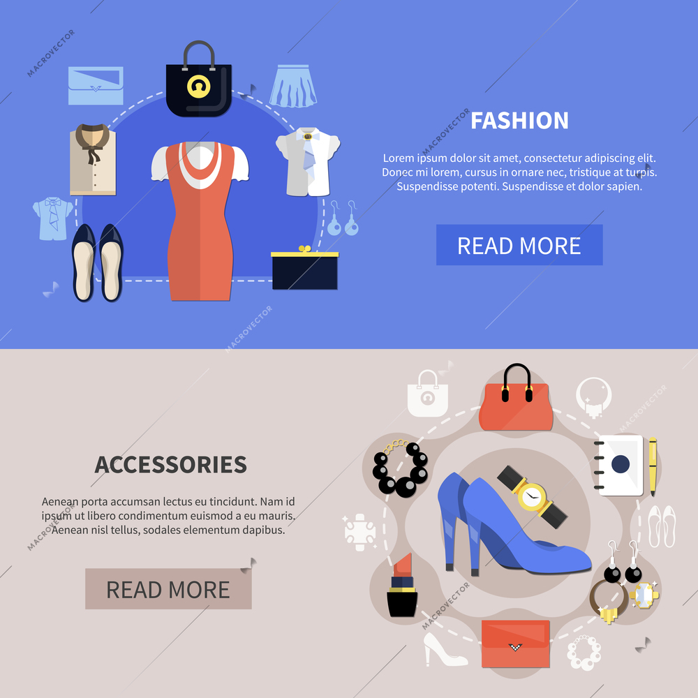 Clothes horizontal banner set with fashion and accessories descriptions and read more buttons vector illustration