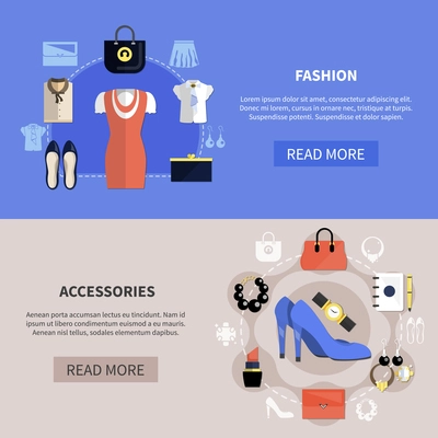 Clothes horizontal banner set with fashion and accessories descriptions and read more buttons vector illustration