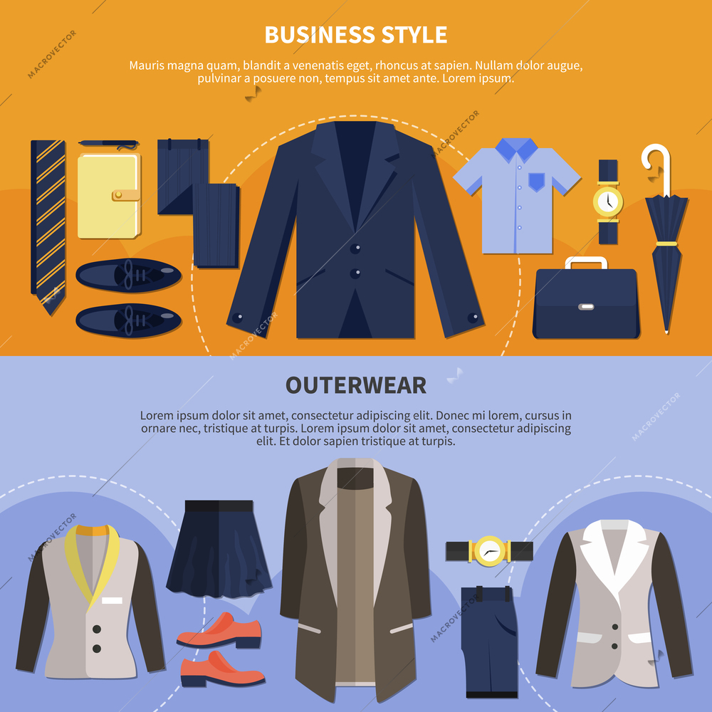 Two clothes flat style composition set with business style and outerwear headlines vector illustration