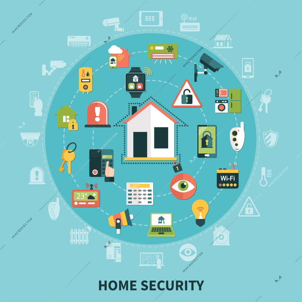 Home security round composition with household appliances, control system devices, detectors on blue background  flat vector illustration