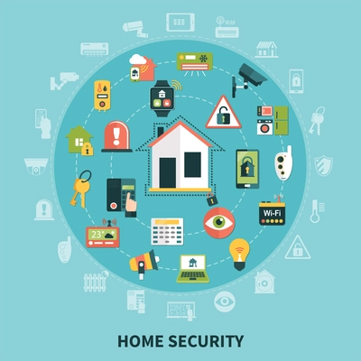 Home security round composition with household appliances, control system devices, detectors on blue background  flat vector illustration