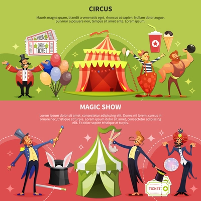 Two horizontal and colored circus cartoon banner set with magic show description vector illustration