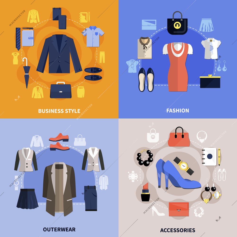 Clothes flat concept with four squares icon set on business style fashion outerwear and accessories themes vector illustration