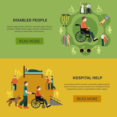 Two flat horizontal disabled person banner set with hospital help and disabled people descriptions vector illustration