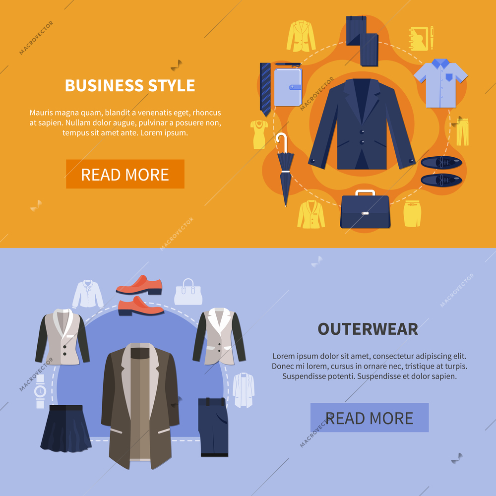 Two colored horizontal clothes banner set with business style and outerwear descriptions vector illustration