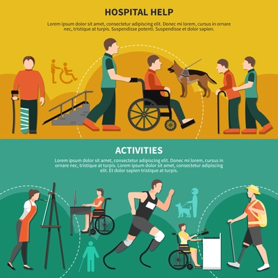 Two horizontal disabled person banner set with hospital help and activities descriptions vector illustration