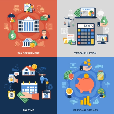 Flat design concept with tax department, burden calculation and payment time, personal savings isolated vector illustration