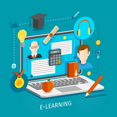 Education school university e-learning flat concept with laptop and graduation icons vector illustration.