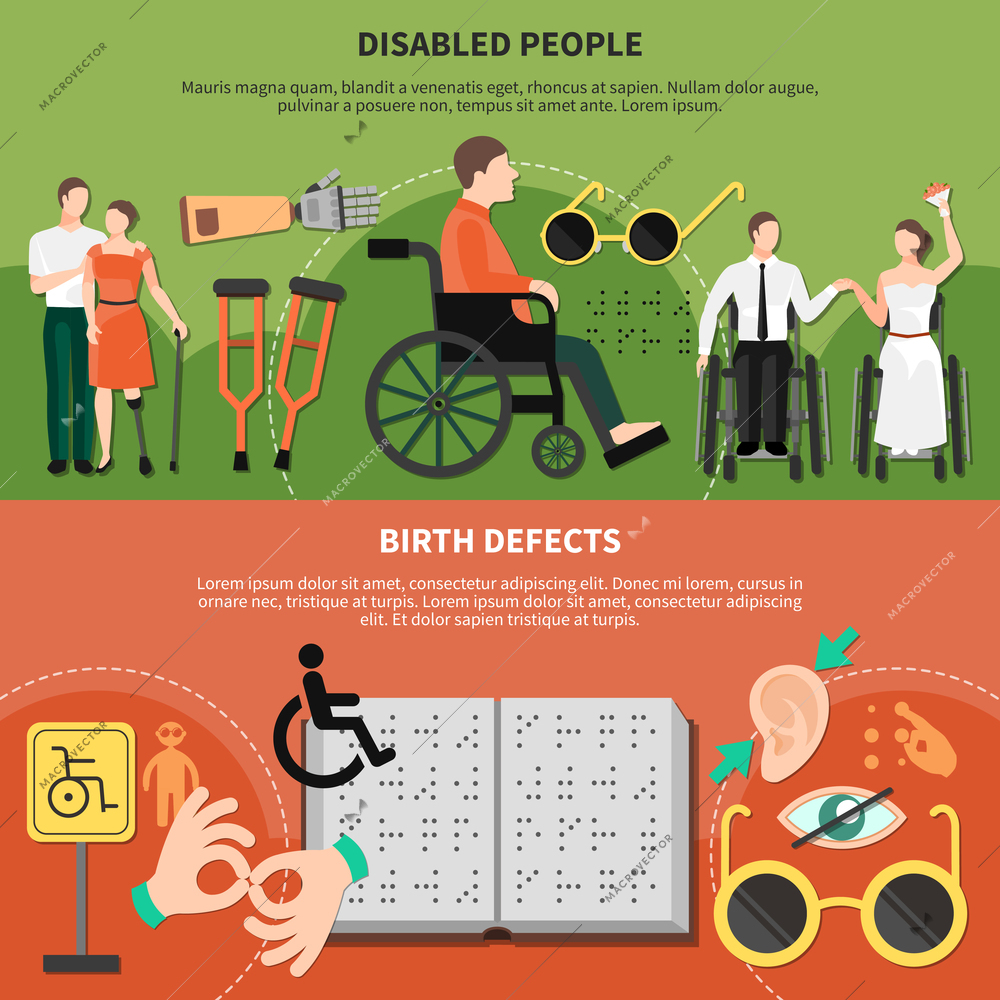 Disabled person flat banner set with disabled people and birth defects headlines vector illustration