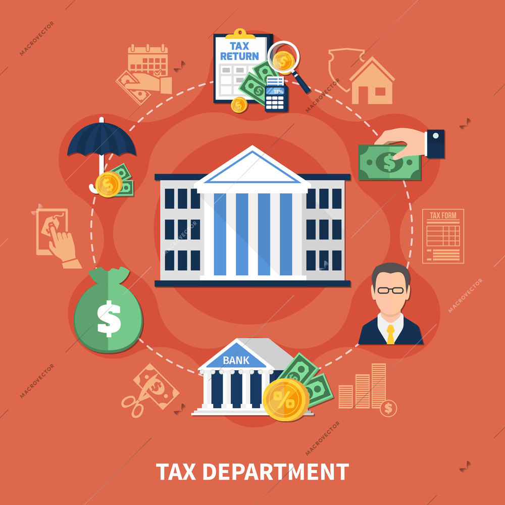 Tax department round composition on red background with office building, bank, financial advisor, reports, money vector illustration