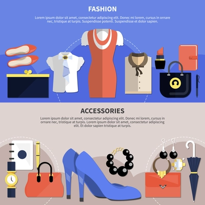 Clothes concept set with two flat horizontal banner set and fashion accessories descriptions vector illustration