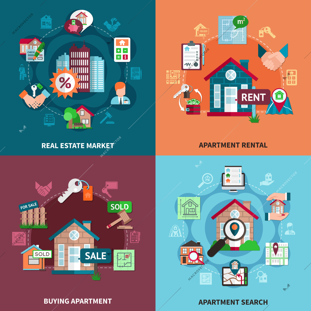 Real estate icon set with market apartment rental buying apartment and search descriptions vector illustration