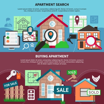 Flat real estate composition set with apartment search and buying apartment descriptions vector illustration