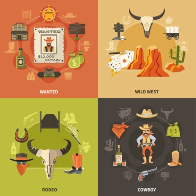 Cowboy design concept with wild west, wanted bandit, rodeo elements isolated on color background vector illustration