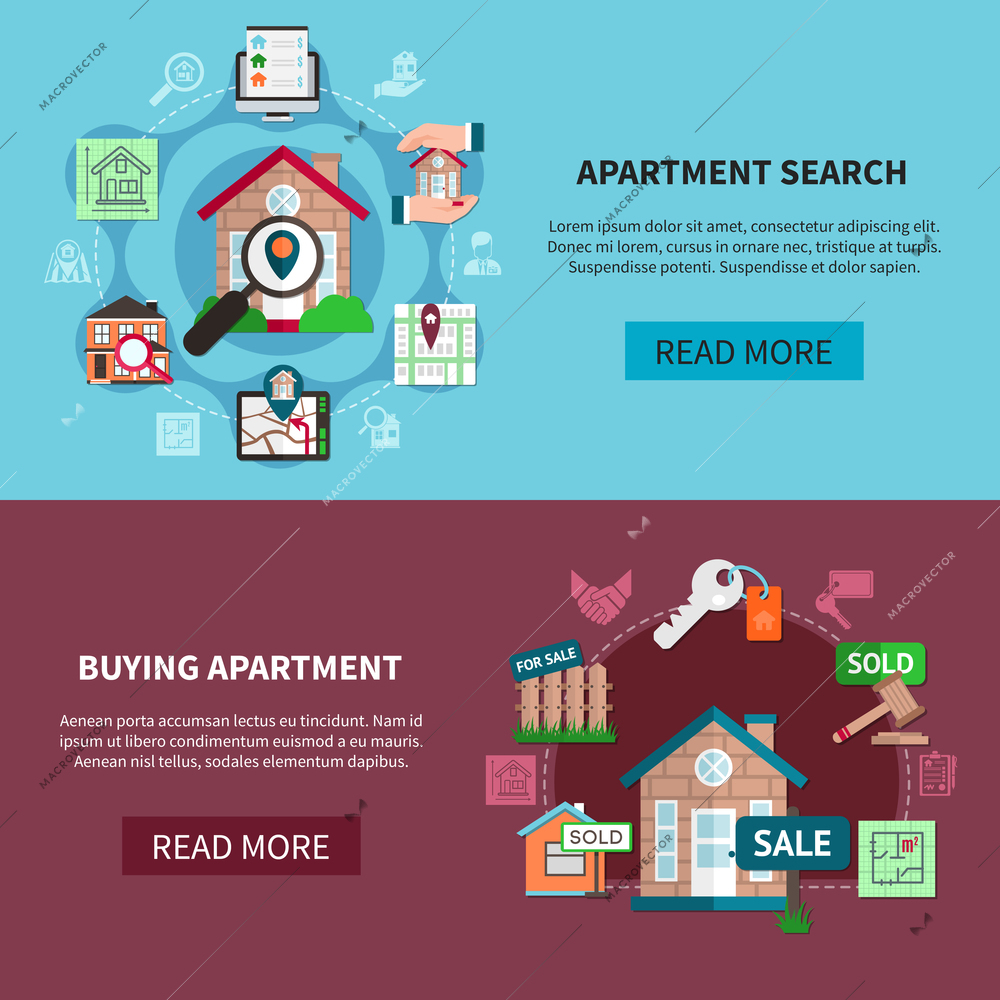 Two horizontal flat real estate banner set with apartment search and buying apartment descriptions vector illustration