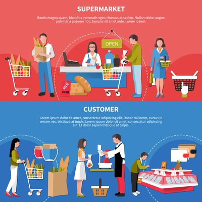 Set of horizontal banners with customers in supermarket isolated on blue and red background vector illustration