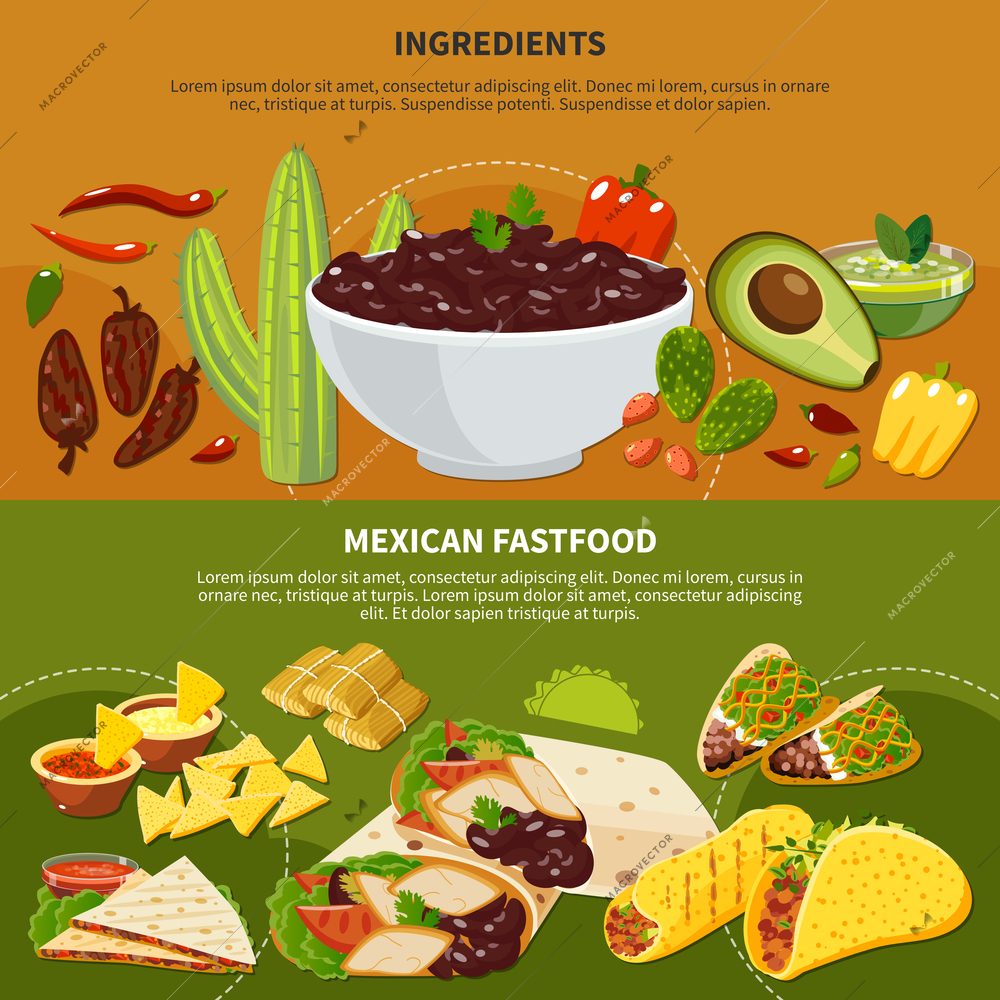 Horizontal banners with mexican dishes ingredients and fastfood on terracotta and green background isolated vector illustration