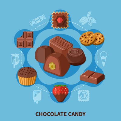 Flat round composition with chocolate bar, candies of various shape, cookie on blue background vector illustration