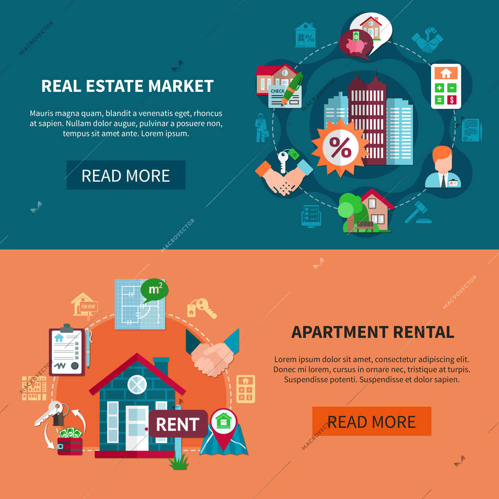 Two real estate banner set with apartment rental and real estate market headlines vector illustration