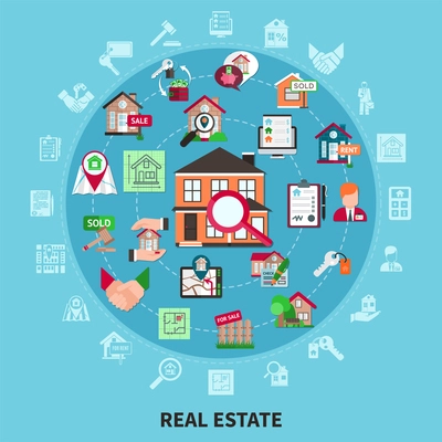 Real estate round composition with isolated icon set combined in big circle vector illustration