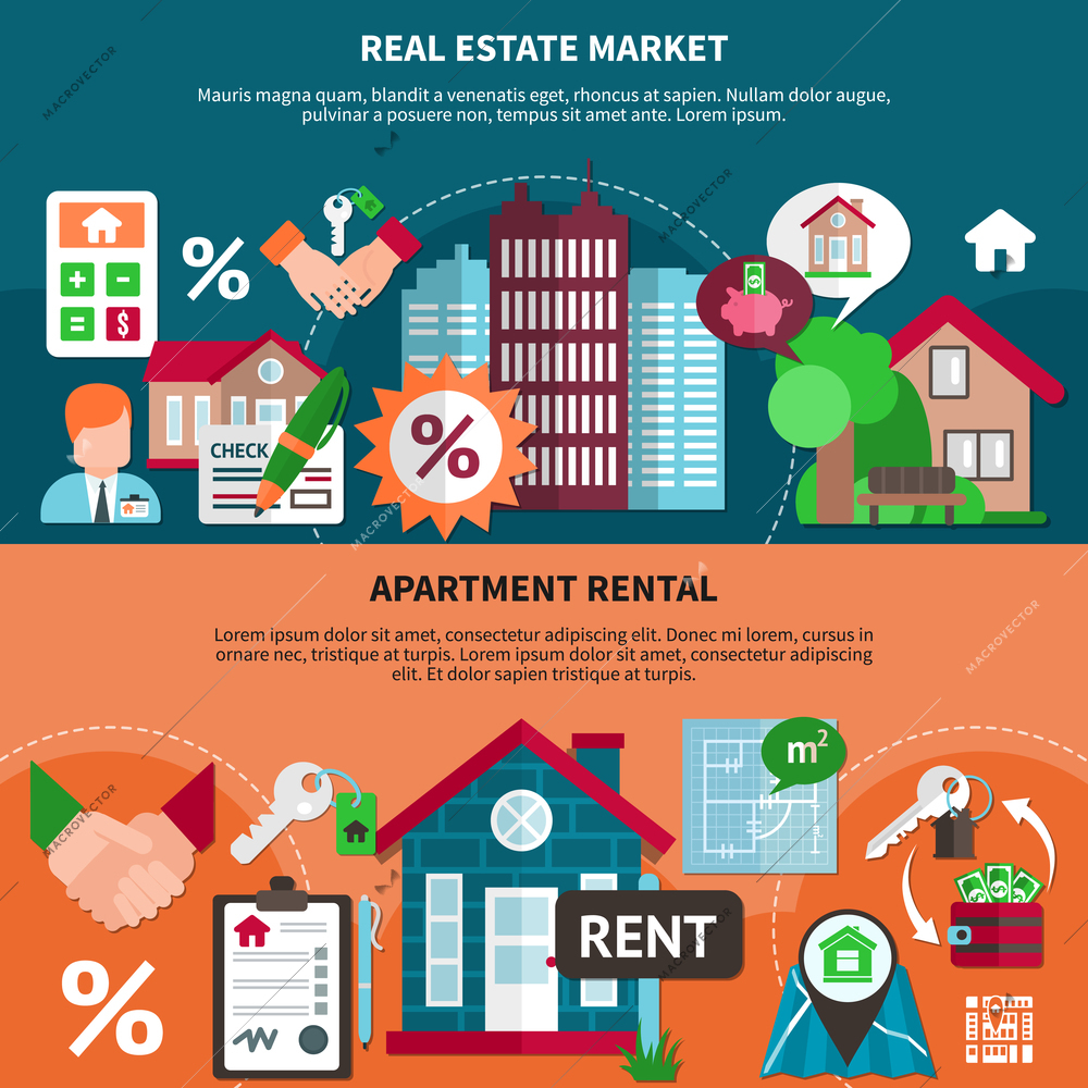 Two horizontal real estate banner set with market and apartment rental headlines vector illustration