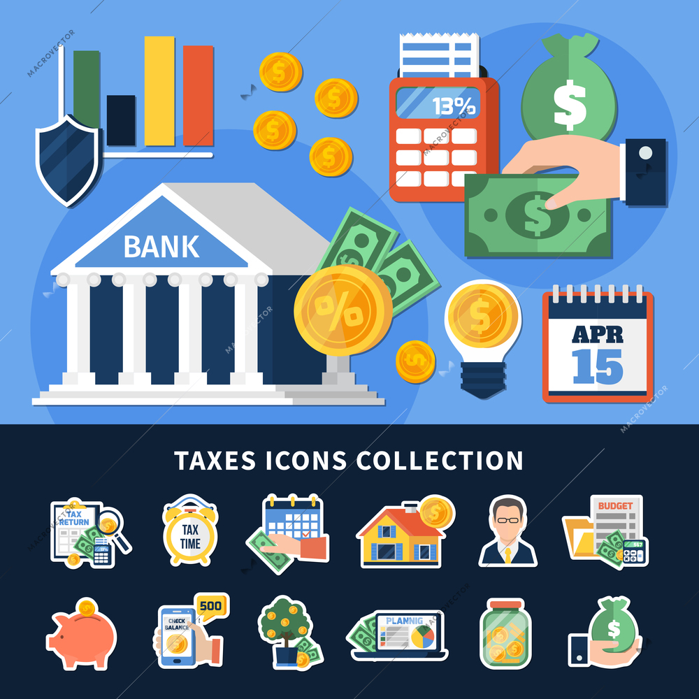 Taxes icons collection with budget planning, duty calculation, document forms, money, computer technologies isolated vector illustration