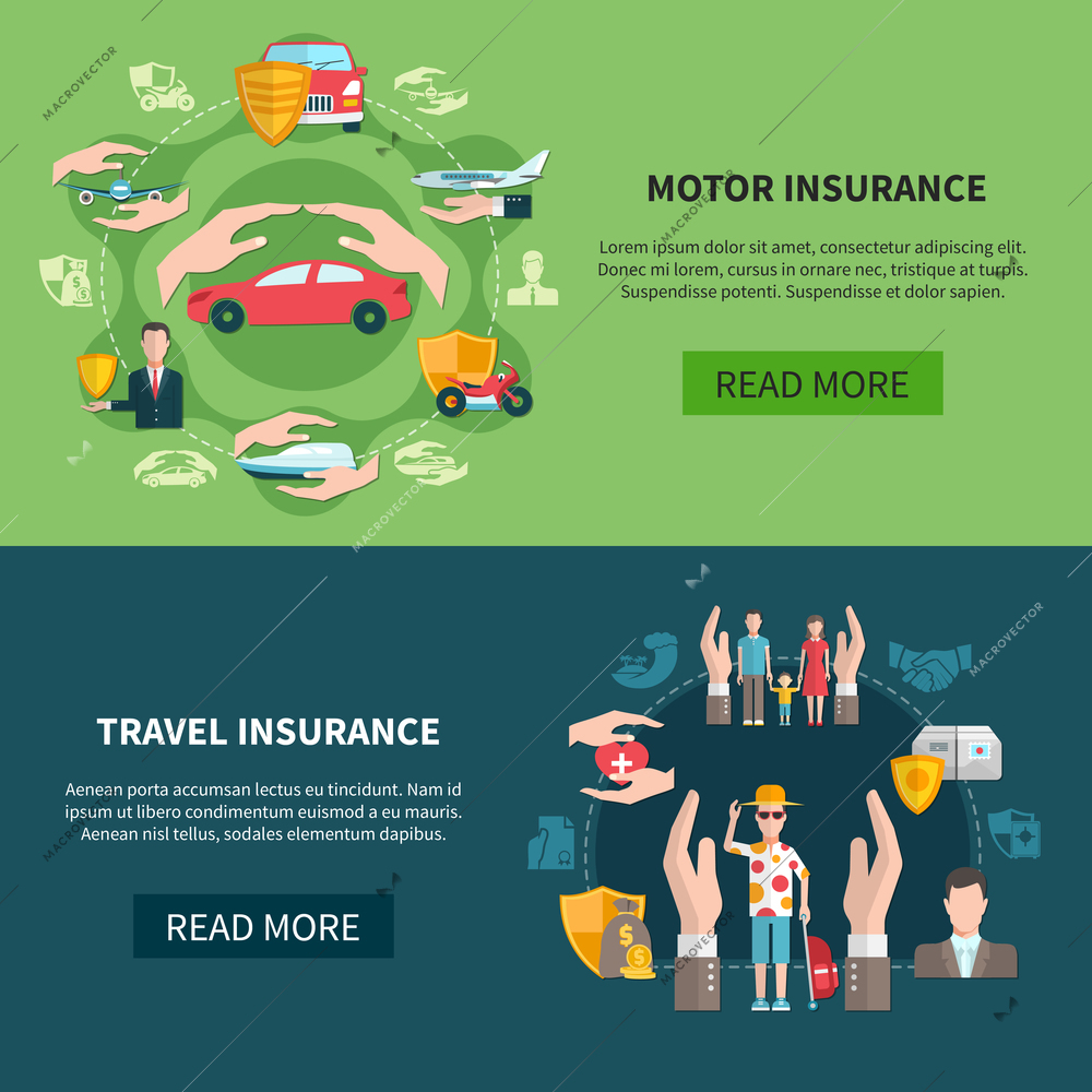 Set of horizontal banners with transport and travel insurance including medical care for tourists isolated vector illustration