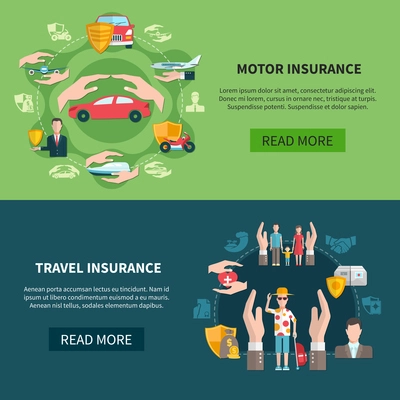 Set of horizontal banners with transport and travel insurance including medical care for tourists isolated vector illustration