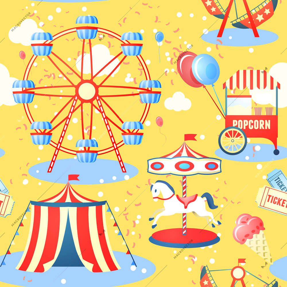 Amusement entertainment park seamless pattern with ferris wheel ice cream popcorn vector illustration