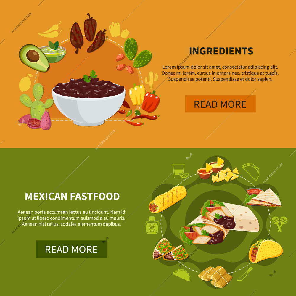 Set of horizontal banners with mexican fastfood and ingredients for traditional dishes isolated vector illustration