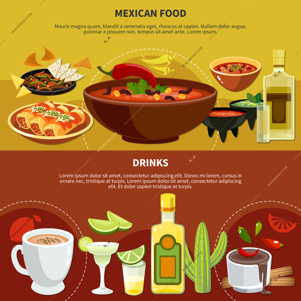 Mexican food and drinks banners including bean soup with chili, nachos, sauces, cocoa, tequila isolated vector illustration