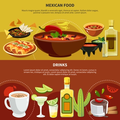 Mexican food and drinks banners including bean soup with chili, nachos, sauces, cocoa, tequila isolated vector illustration