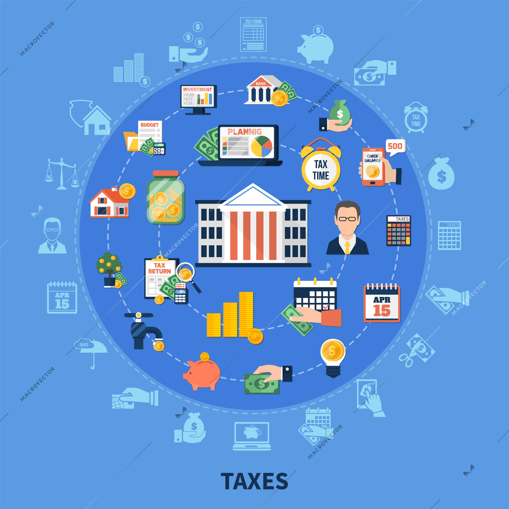 Taxes round composition on blue background with incomes, financial advisor, burden calculation and payment time vector illustration