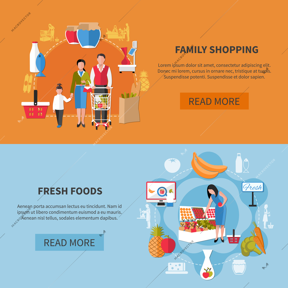 Horizontal banners on blue orange background with family shopping in supermarket and fresh foods isolated vector illustration